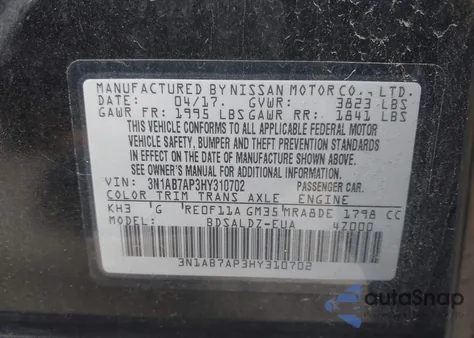 2017 Nissan Sentra Sv from USA, damaged, VIN 3N1AB7AP3HY310702